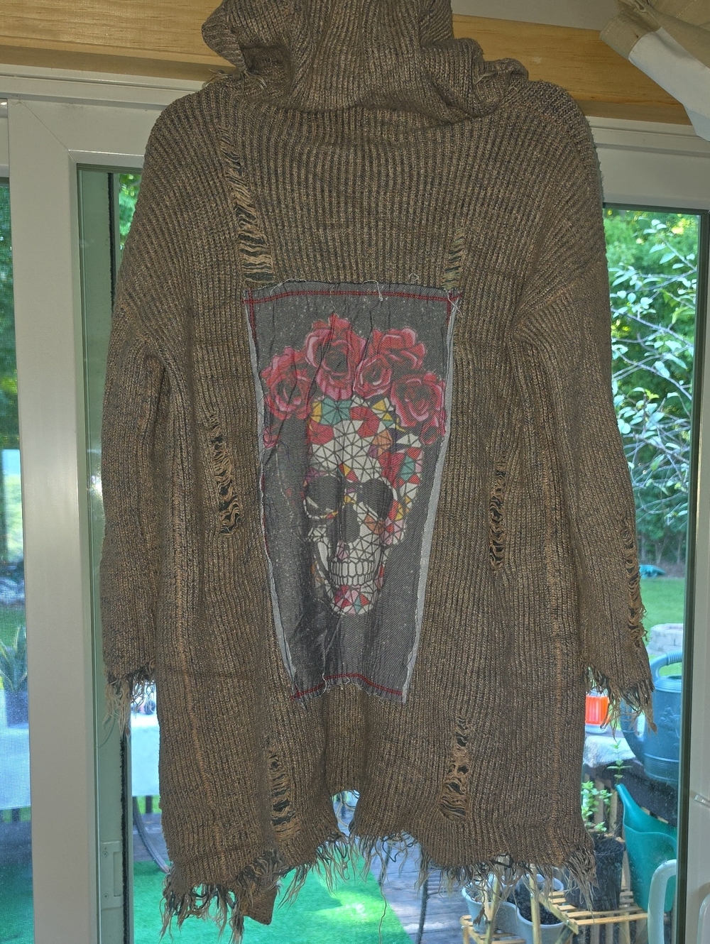 Distressed Brown Knit Hoodie Cardigan with Floral Skull Patch